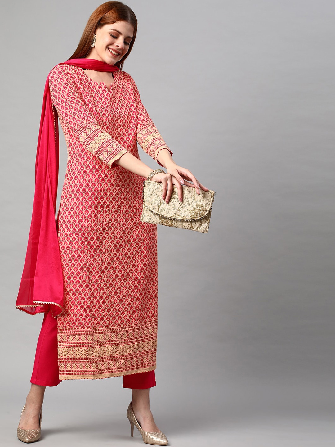 

KALINI Women Shifali Work Kurta with Trousers & With Dupatta, Pink