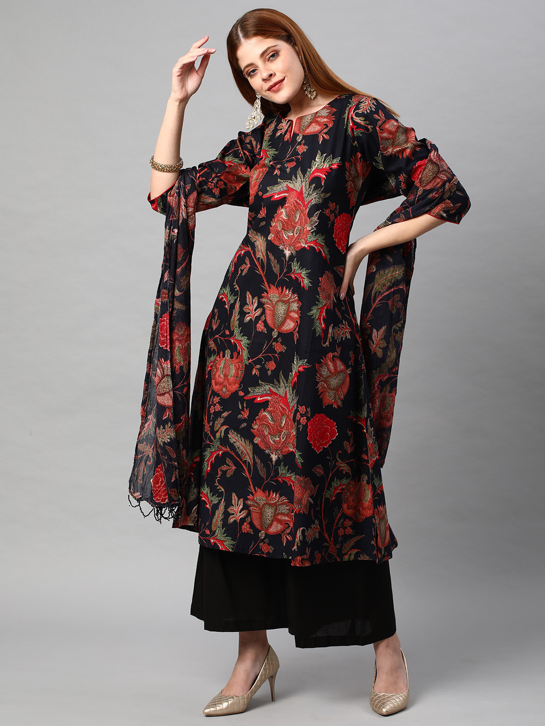 

KALINI Women Floral Printed Kurta With Sharara & Dupatta, Black
