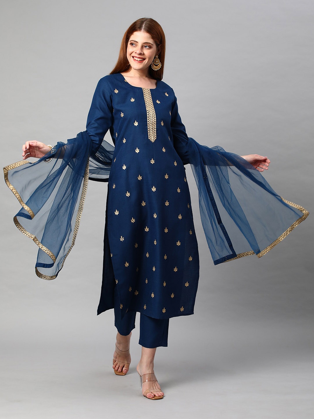 

KALINI Women Floral Embroidered Kurta With Trousers & Dupatta, Navy blue