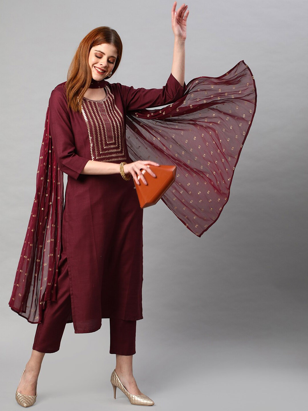 

KALINI Women Gotta Patti Kurta With Trousers & Dupatta, Maroon