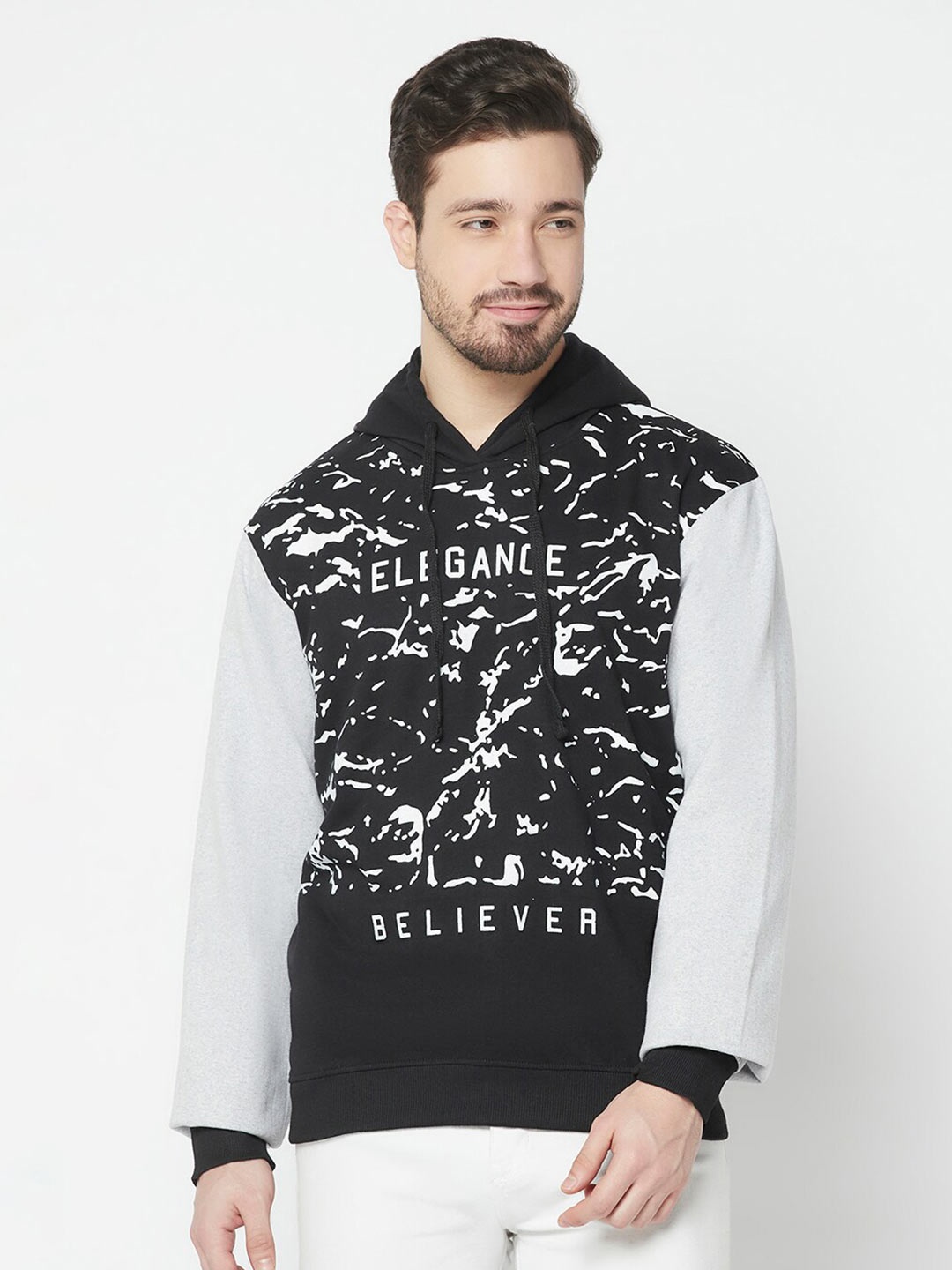 

ELEGANCE Men Black Cotton Printed Hooded Sweatshirt
