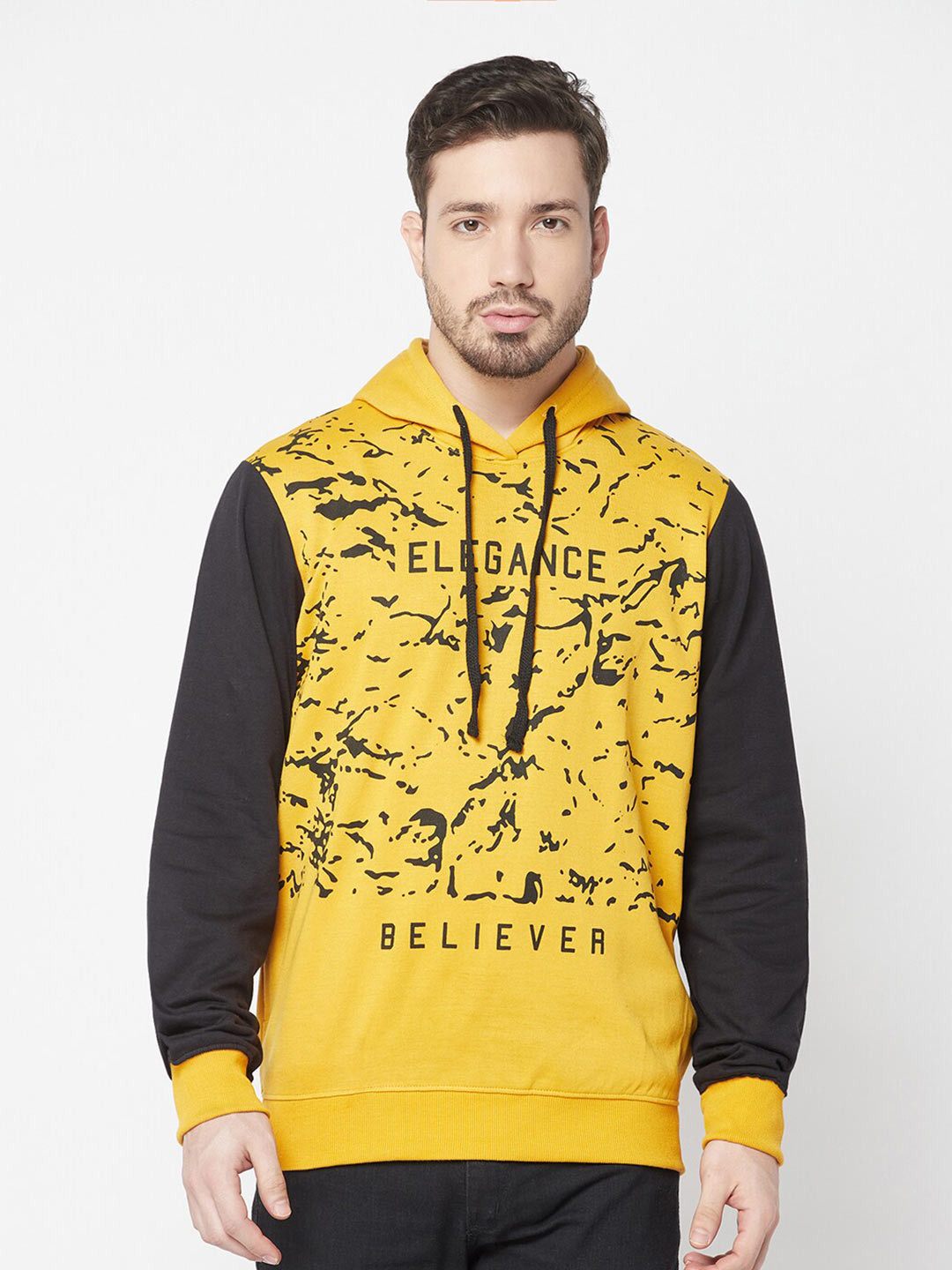 

ELEGANCE Men Yellow Cotton Printed Hooded Sweatshirt