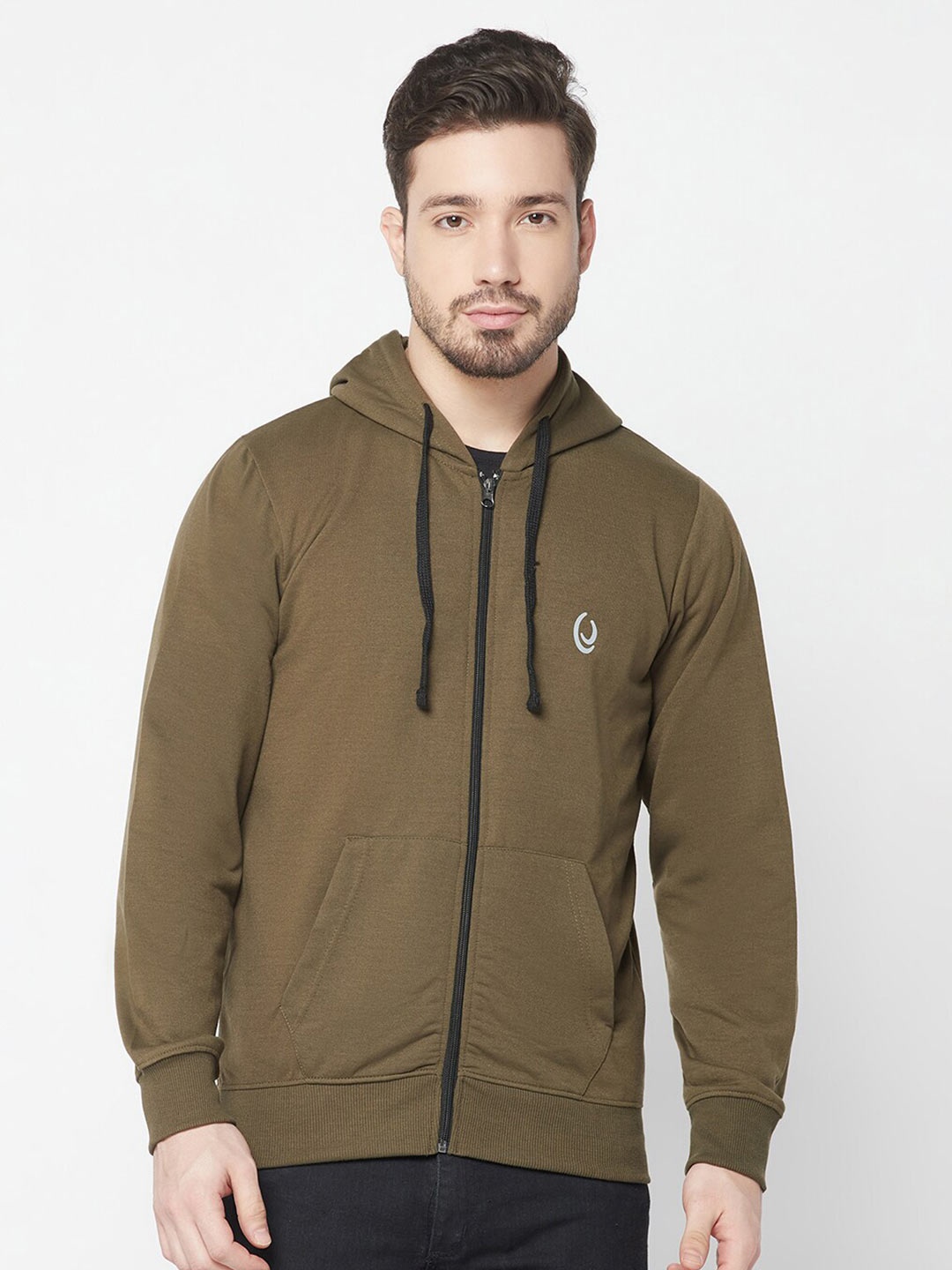 

ELEGANCE Men Olive Green Cotton Hooded Sweatshirt