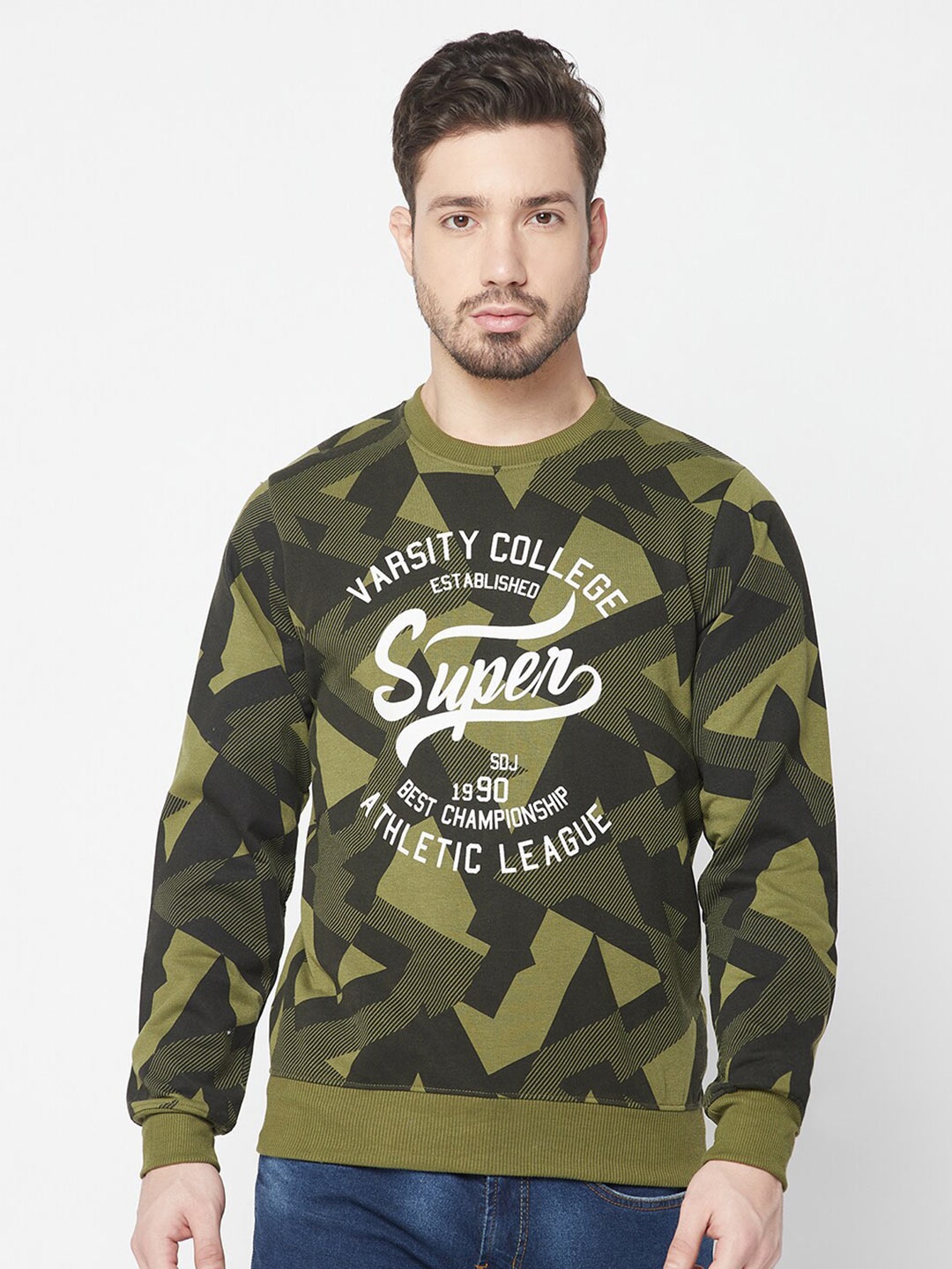 

ELEGANCE Men Olive Green Cotton Printed Sweatshirt