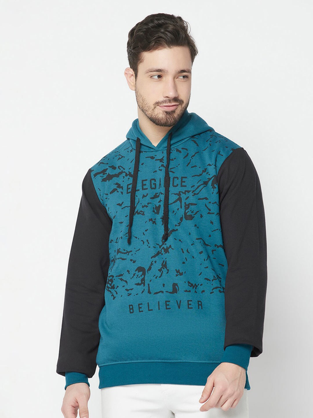 

ELEGANCE Men Printed Hooded Cotton Sweatshirt, Blue