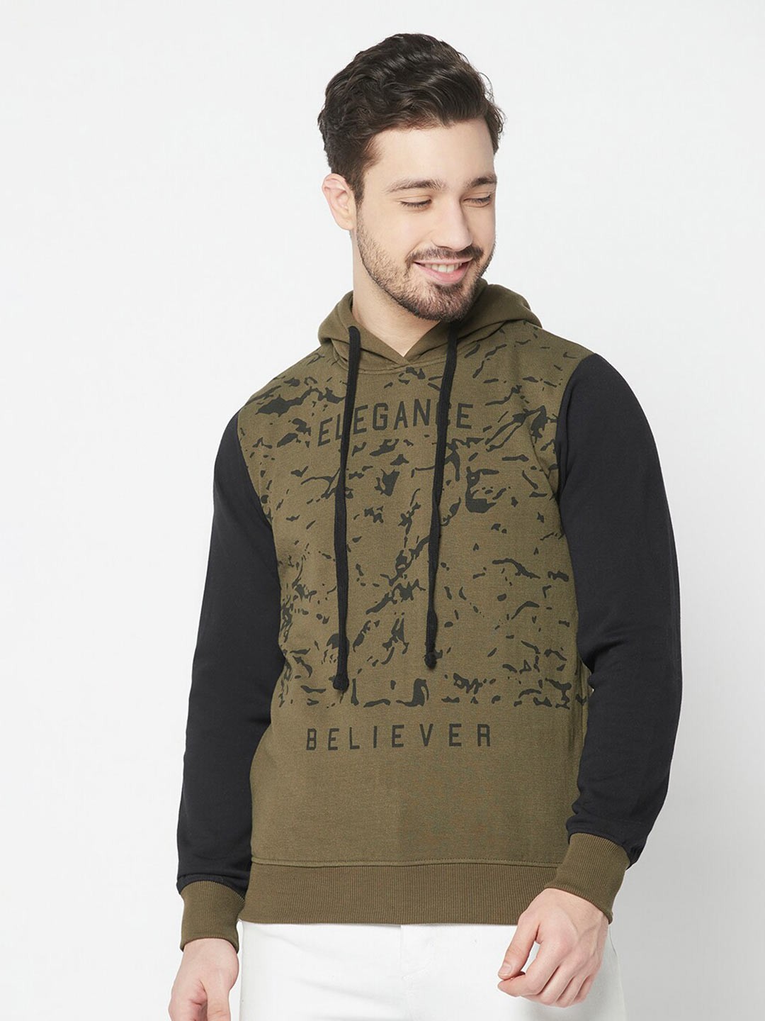 

ELEGANCE Men Printed Hooded Cotton Sweatshirt, Olive
