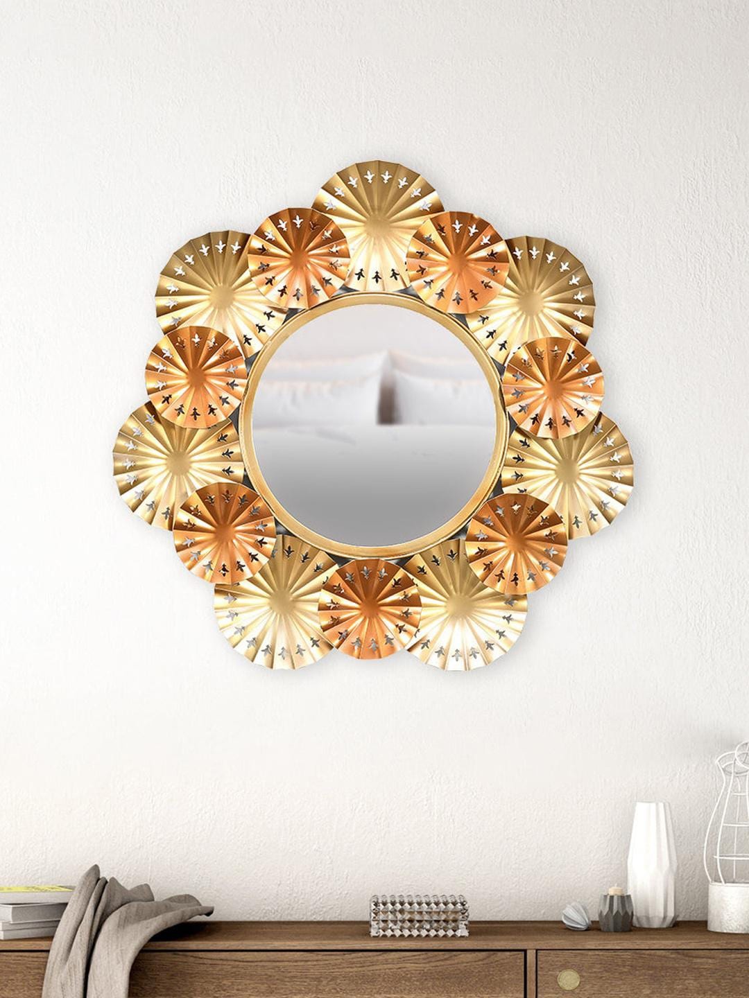 

Athome by Nilkamal Brown & Gold Coloured Round Metal Mirror