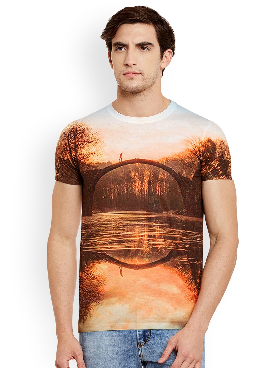 

Wear Your Mind Men Brown & Orange Printed T-shirt