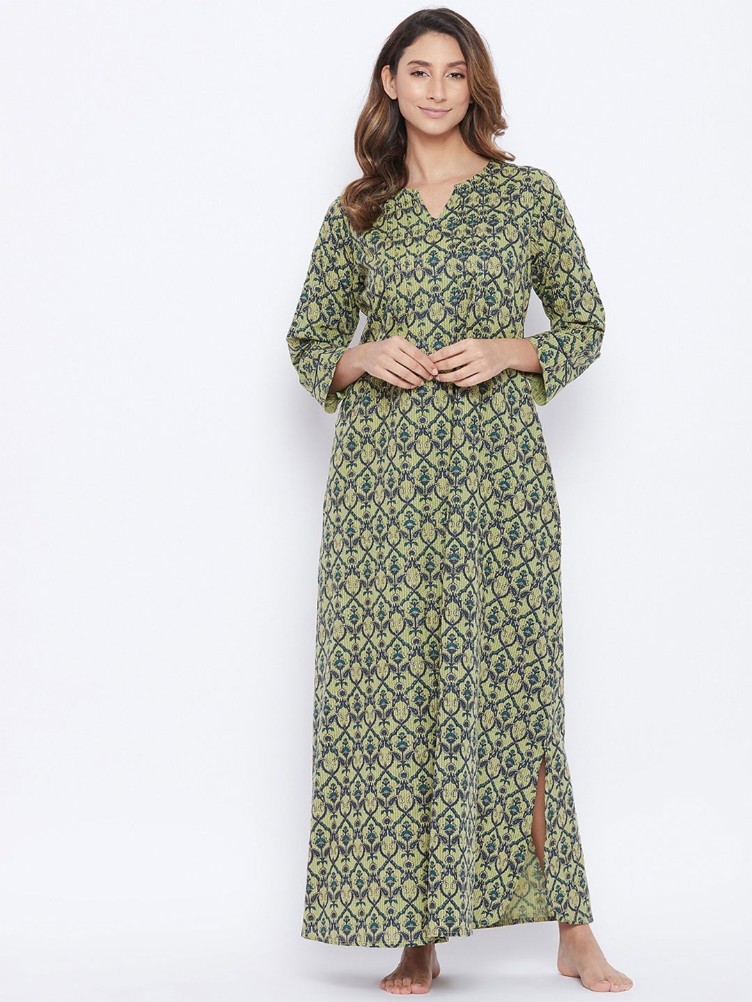 

The Kaftan Company Printed Pure Cotton Maxi Nightdress, Green