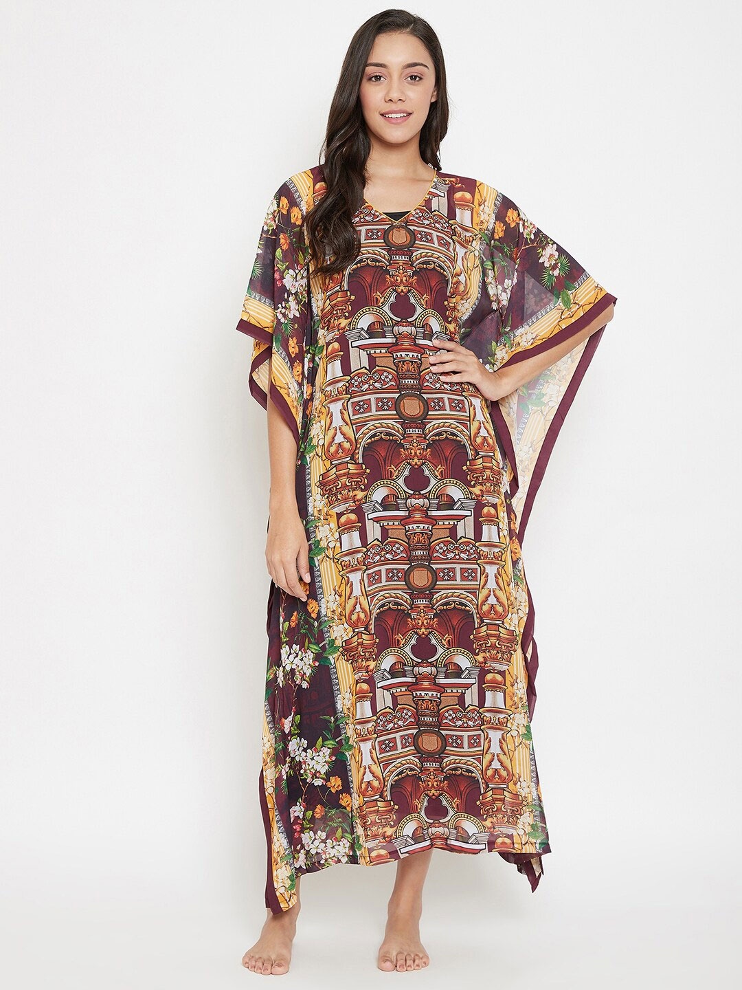 

The Kaftan Company Printed Maxi Nightdress With Slip, Maroon