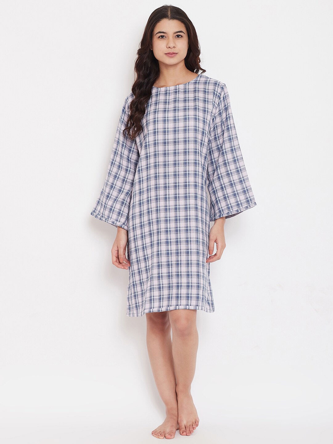 

The Kaftan Company Checked Pure Cotton Reversible Nightdress, Blue