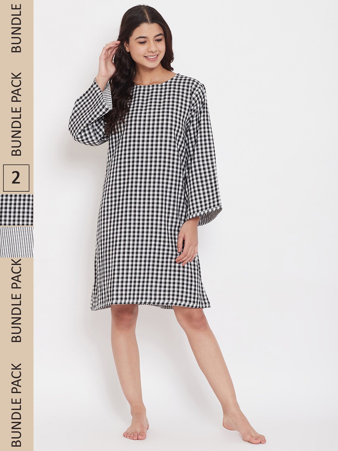 

The Kaftan Company Checked Pure Cotton Reversible Nightdress, Black