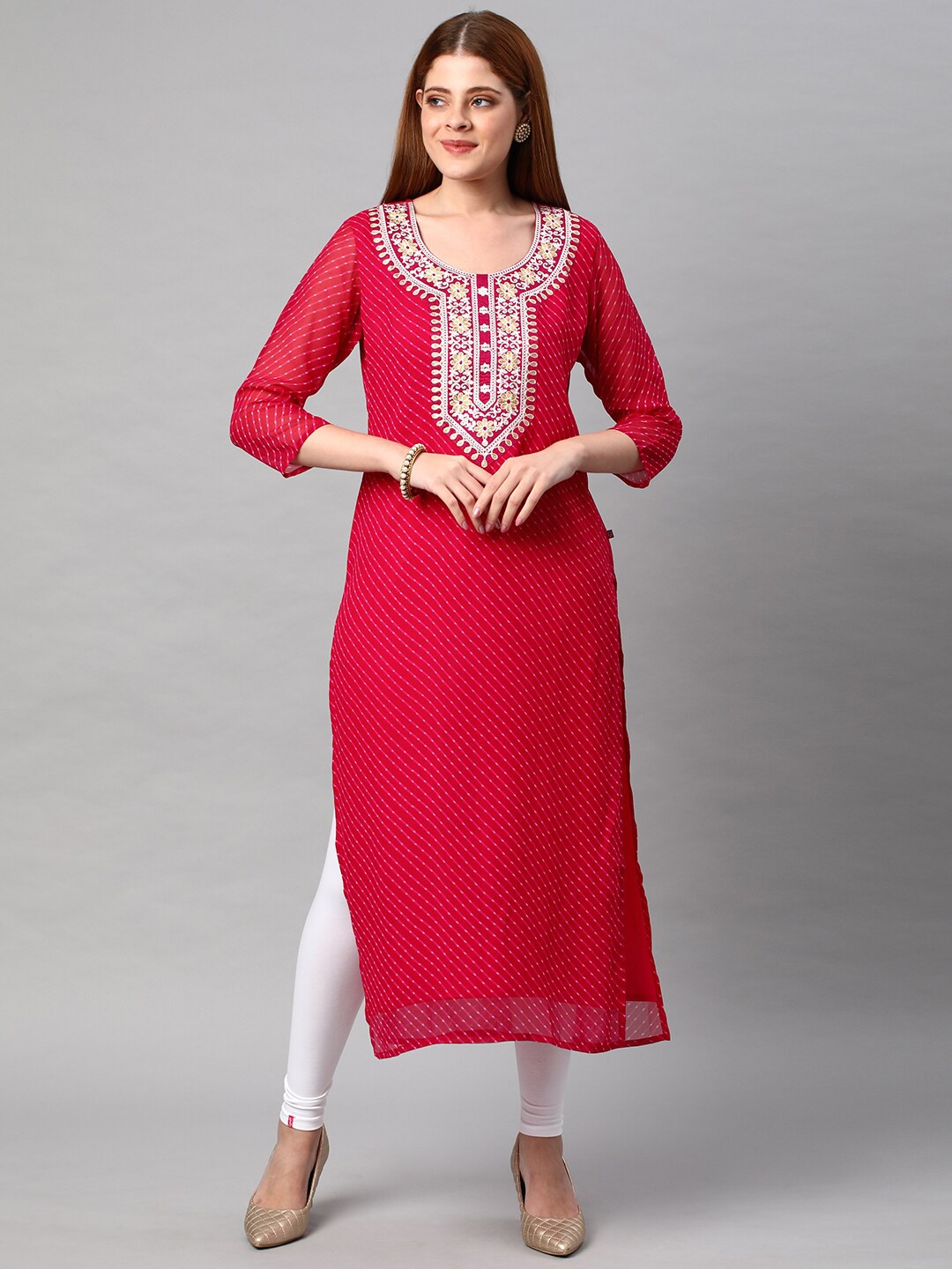 

KALINI Women Embroidered Georgette Straight Kurta, Pink