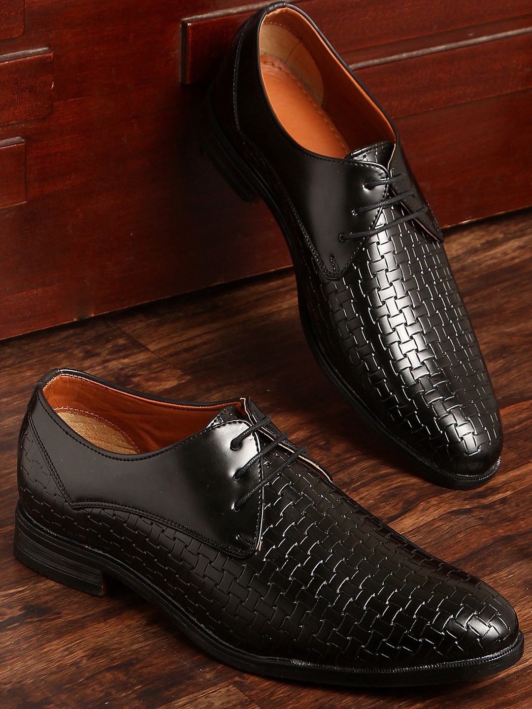 

MUTAQINOTI Men Woven Design Formal Derbys, Black