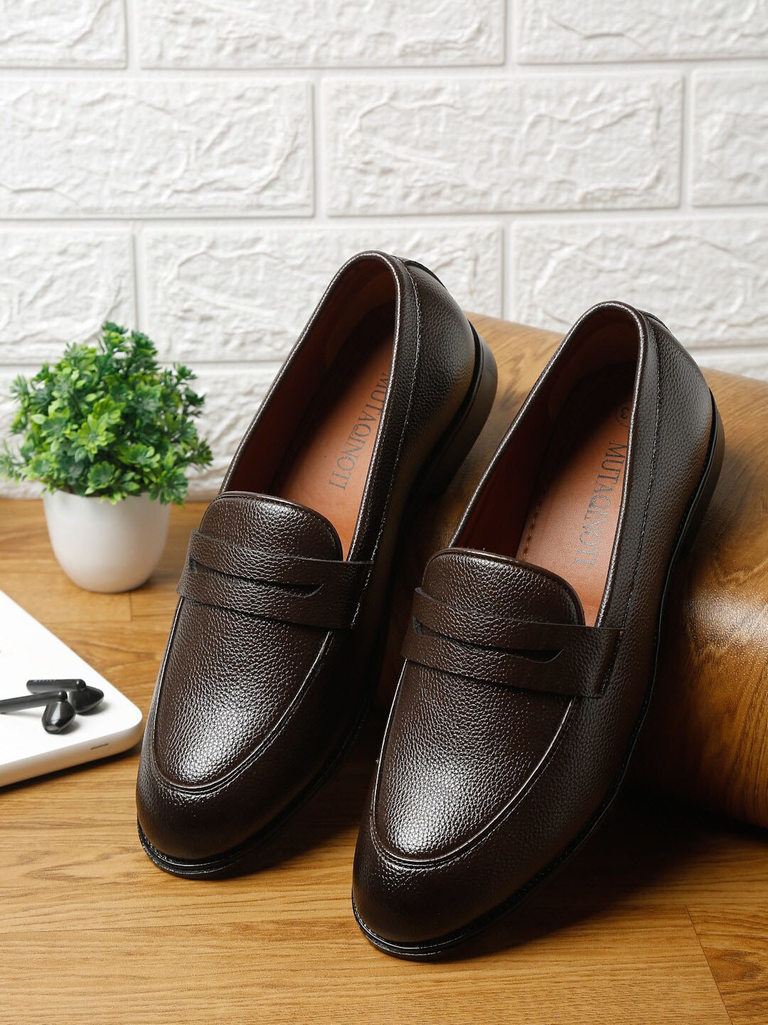 

MUTAQINOTI Men Leather Formal Loafers, Brown