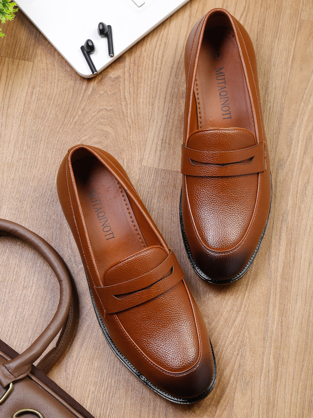 

MUTAQINOTI Men Textured Formal Loafers, Brown