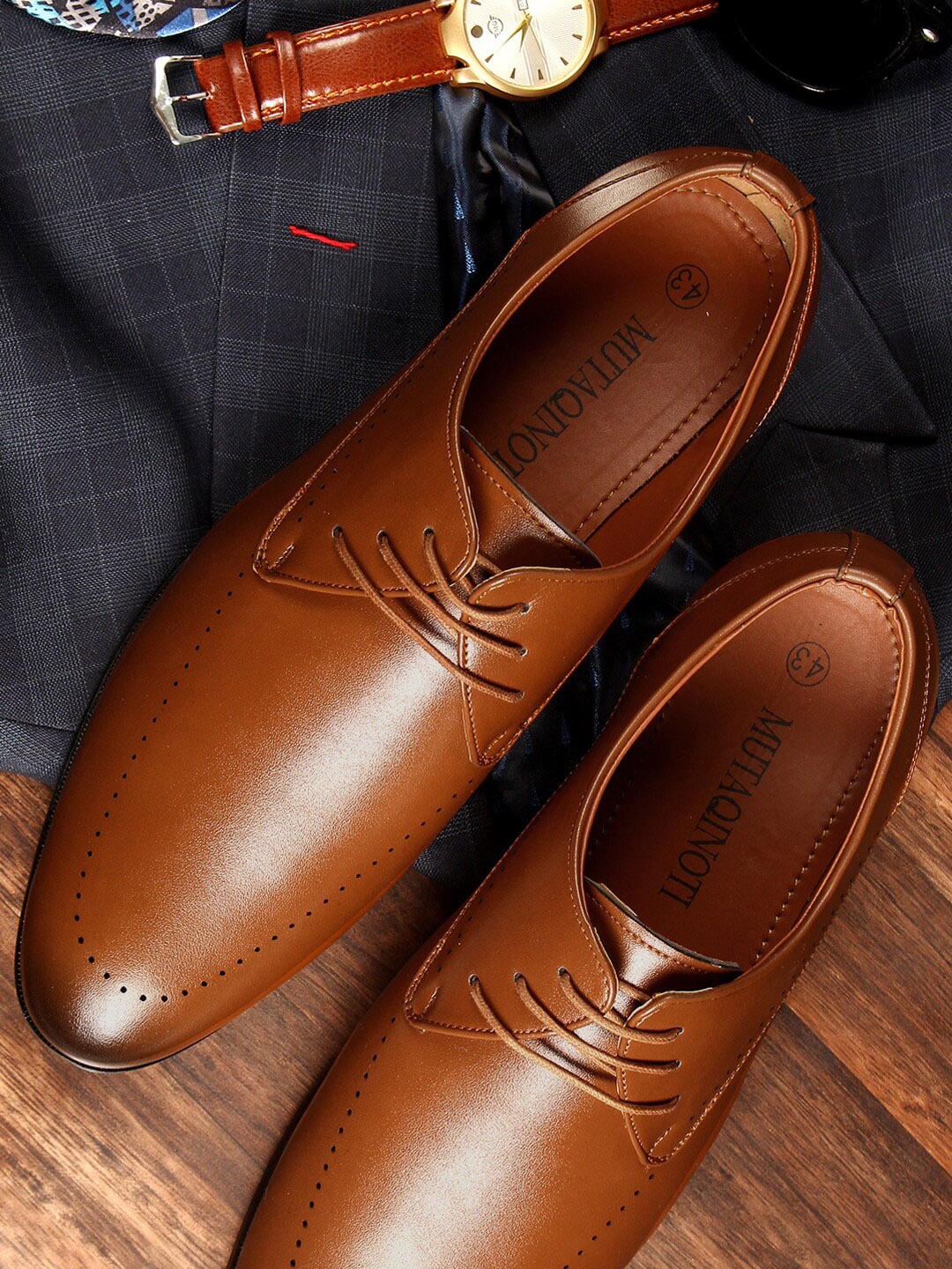 

MUTAQINOTI Men Textured Formal Derbys Shoes, Brown
