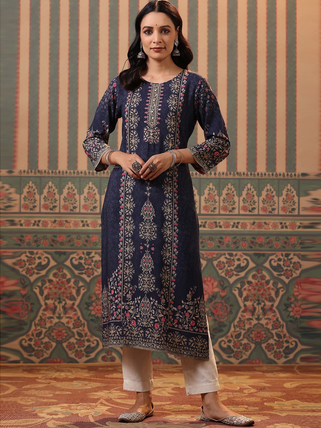 

Rain & Rainbow Floral Printed Round Neck A-Line Zari Kurta, Blue