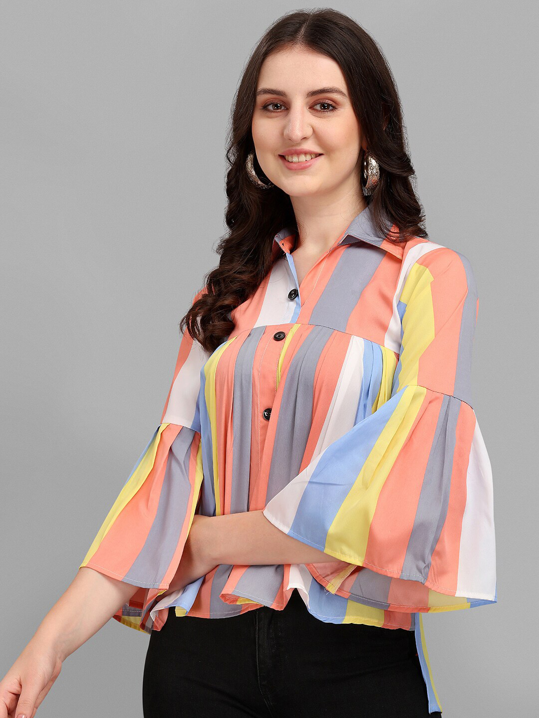 

Amrutam Fab Striped Crepe Shirt Style Top, Peach
