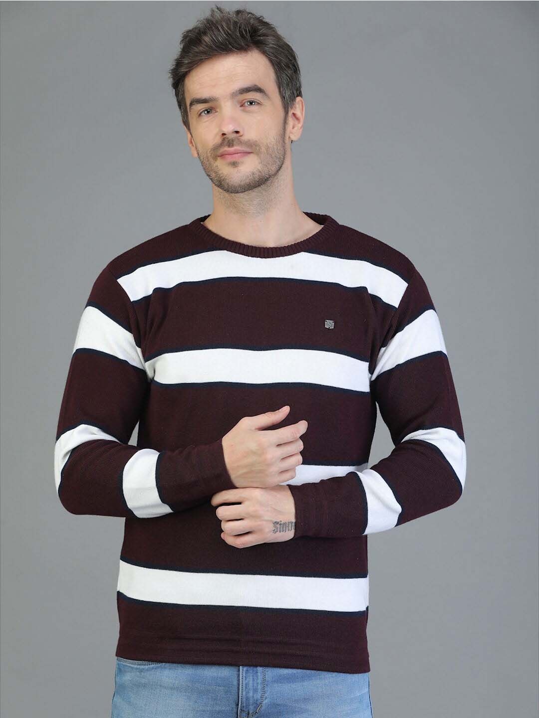 

TQS Men Striped Wool Pullover Sweater, Burgundy