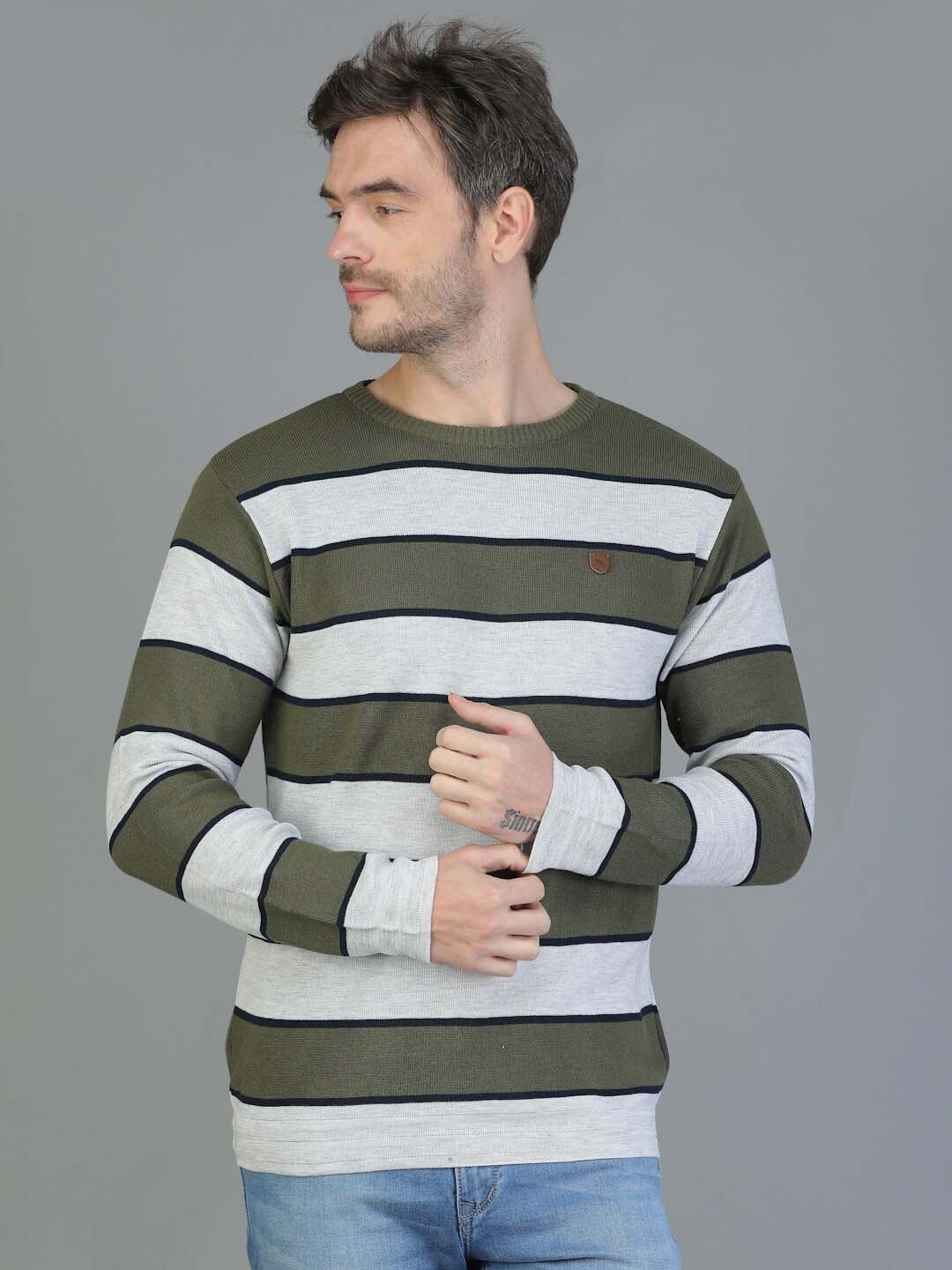 

TQS Men Striped Wool Pullover Sweater, Olive