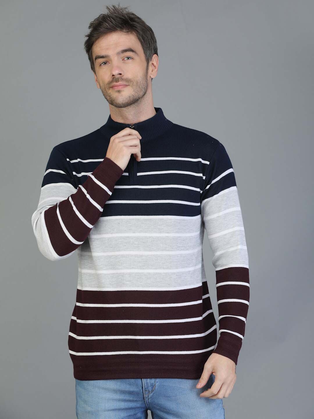 

TQS Men Striped Wool Pullover Sweater, Grey