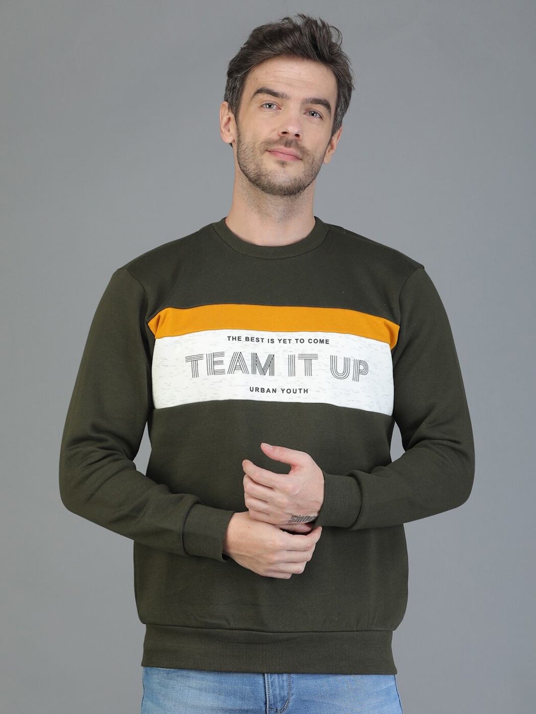 

TQS Men Olive Green Cotton Printed Sweatshirt