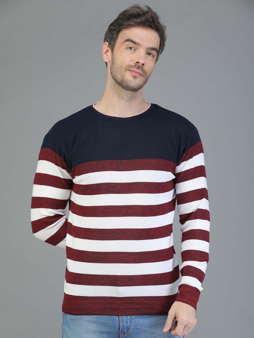 

TQS Men Striped Wool Pullover Sweater, White