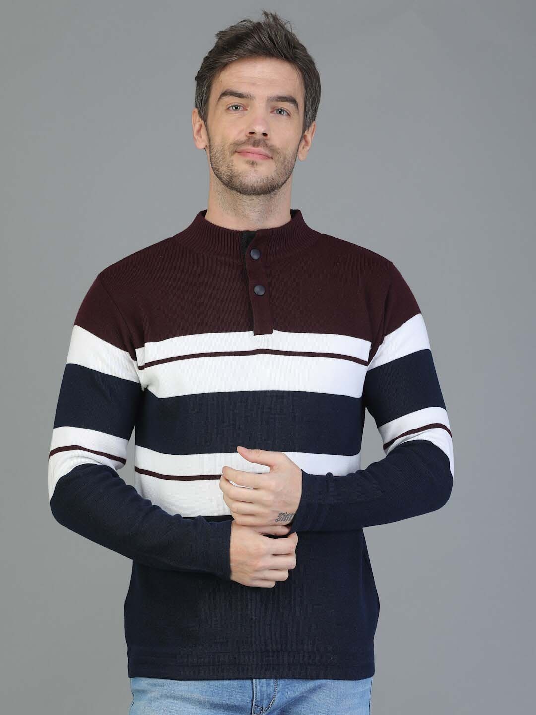 

TQS Men Striped Woolen Pullover, Purple