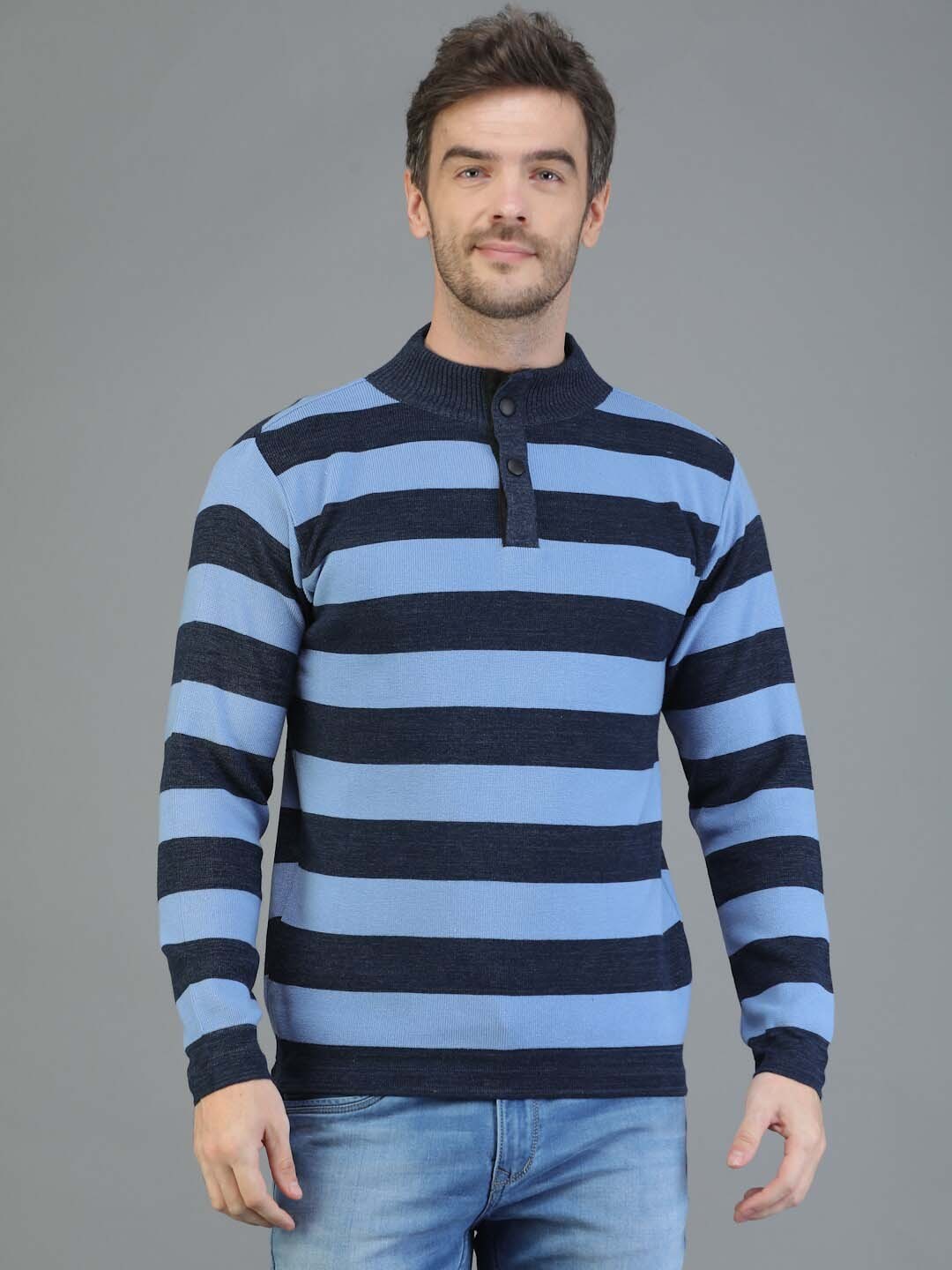 

TQS Men Striped Woolen Pullover, Blue