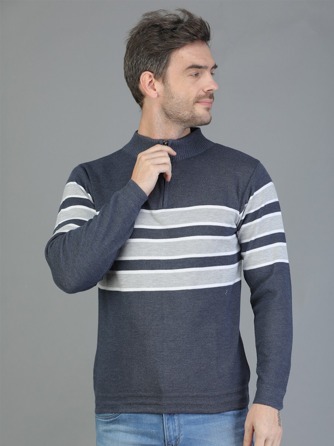 

TQS Men Striped Woolen Pullover, Navy blue