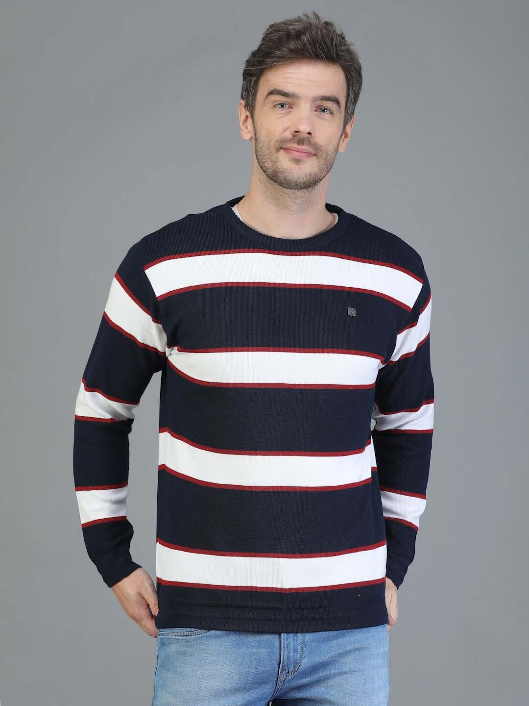

TQS Men Striped Woolen Pullover, Navy blue