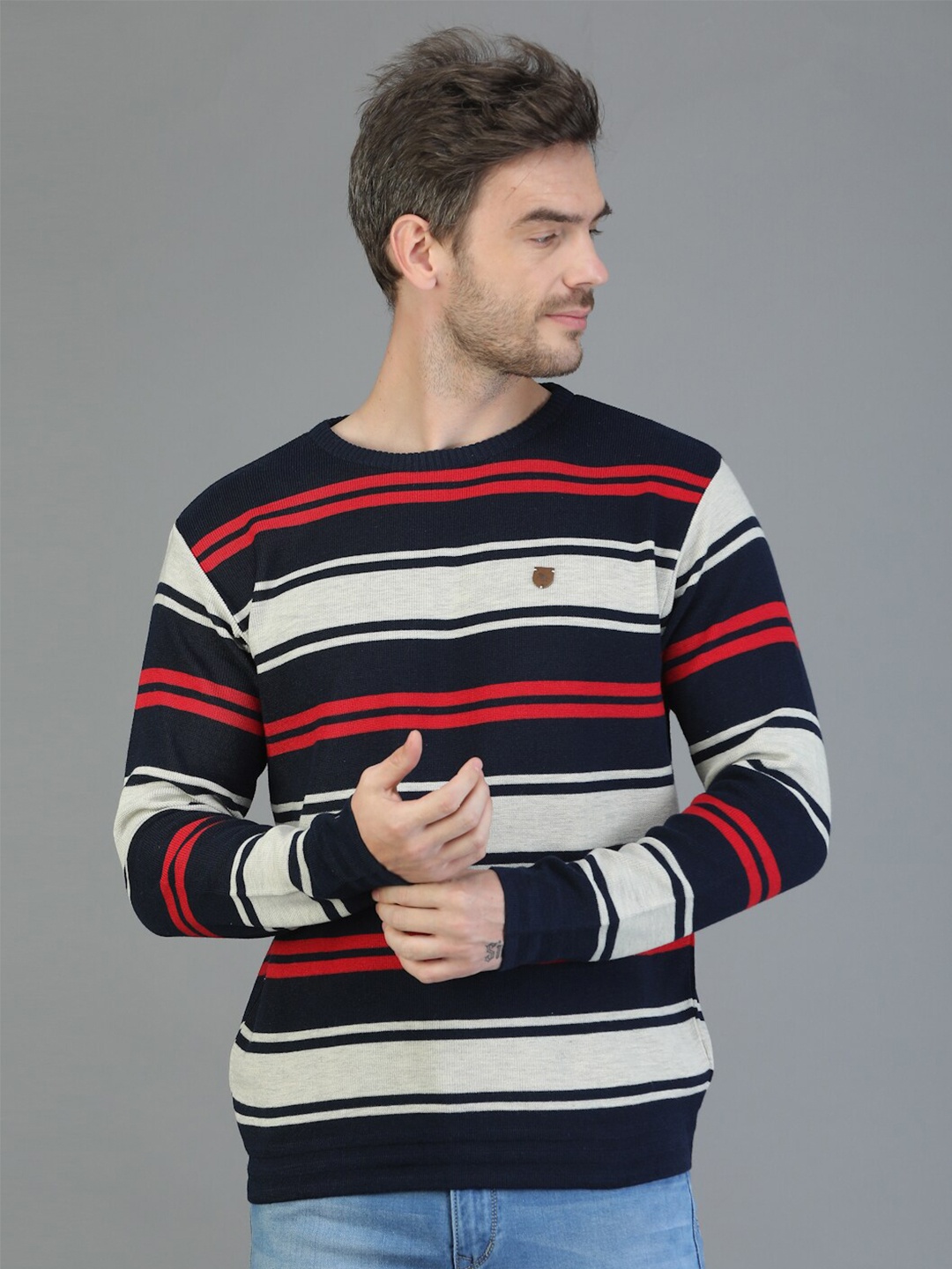 

TQS Round Neck Striped Woolen Pullover, Navy blue