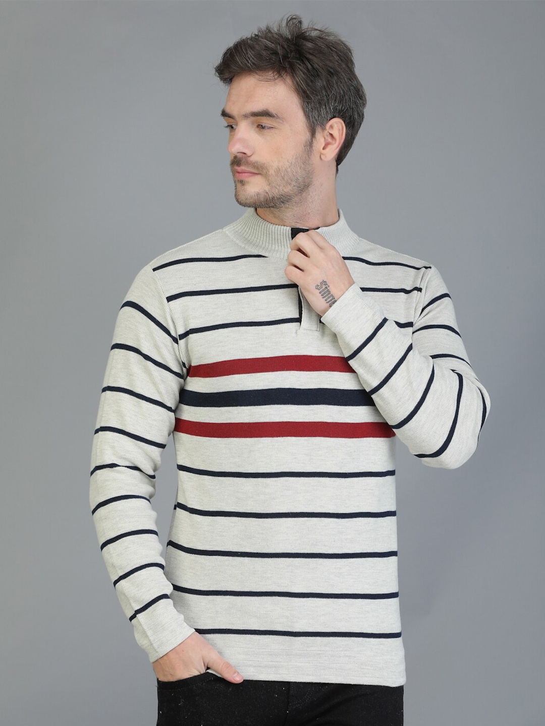 

TQS Men Striped Woolen Pullover, Grey