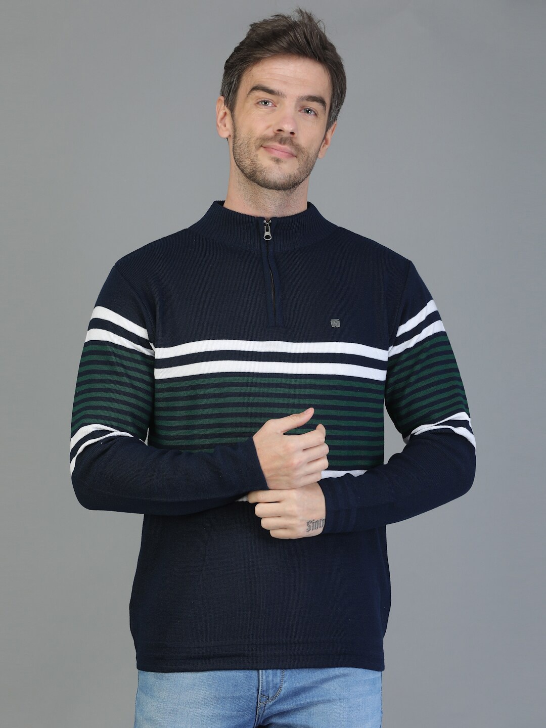 

TQS Men Striped Woolen Pullover, Navy blue