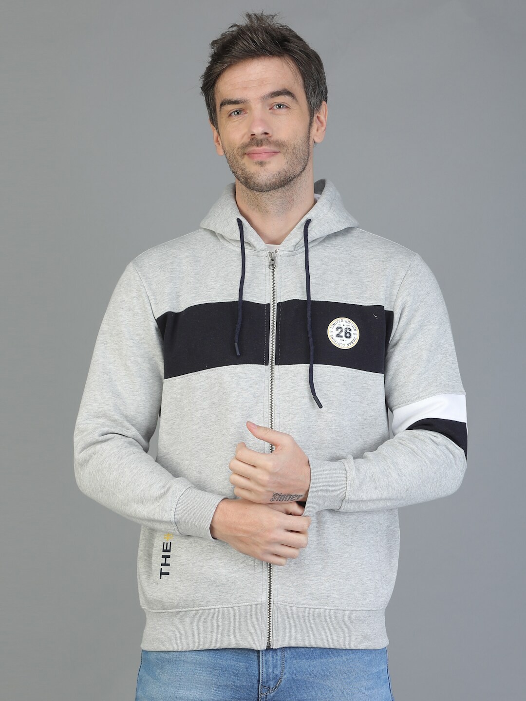 

TQS Men Grey Cotton Colourblocked Hooded Sweatshirt