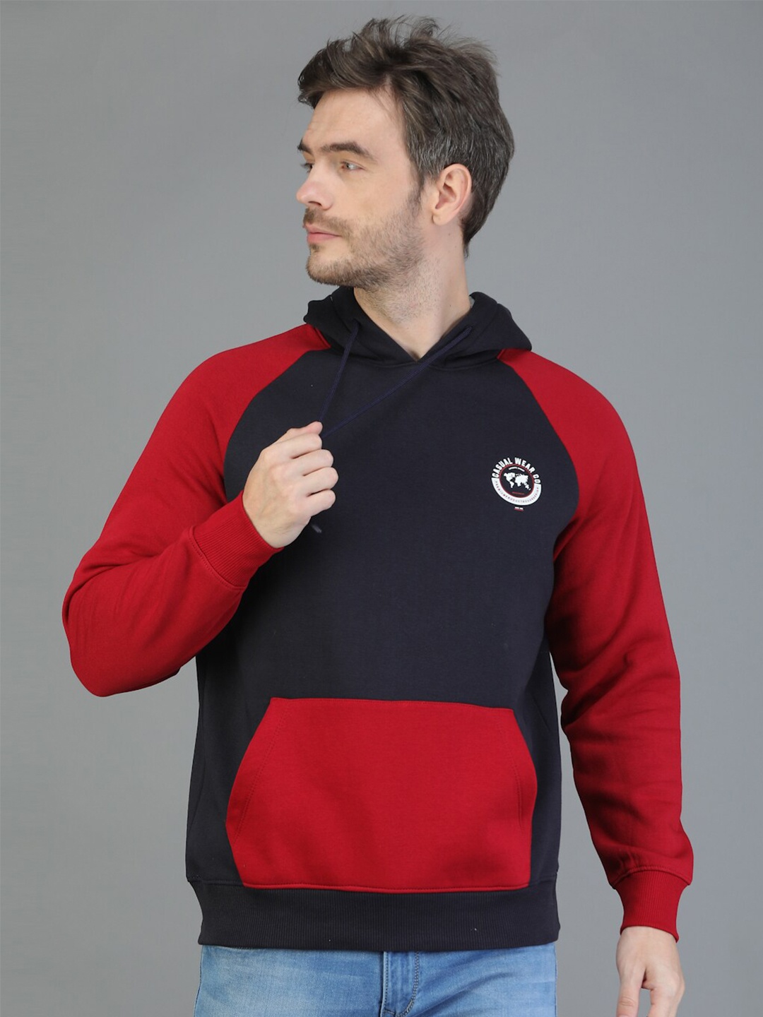 

TQS Men Colourblocked Hooded Sweatshirt, Navy blue