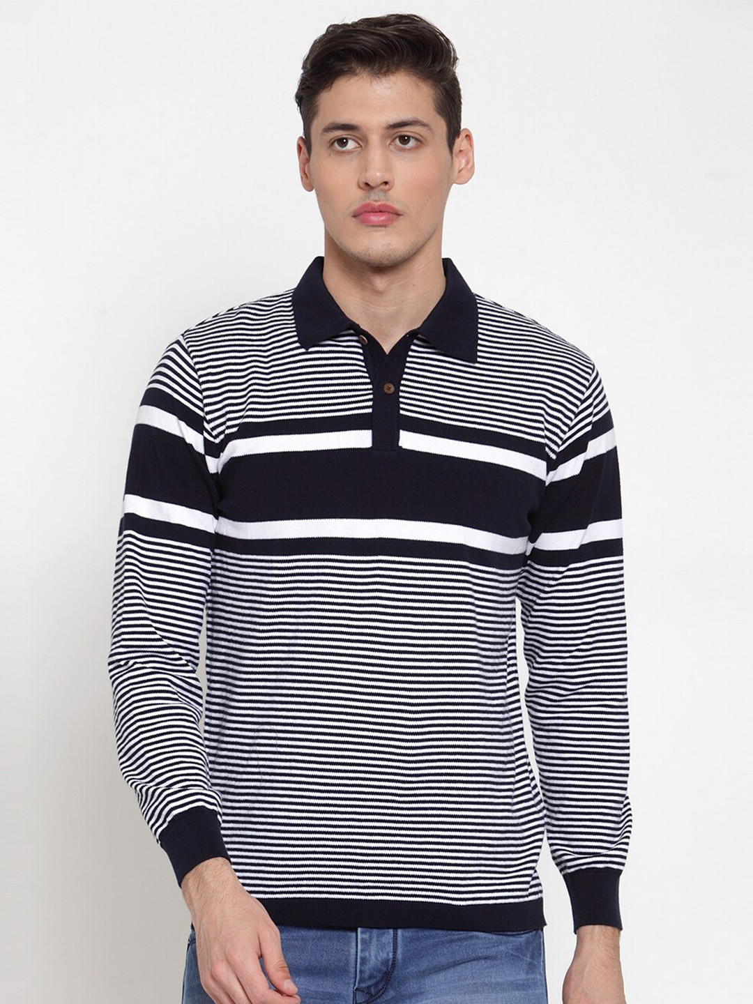

Kalt Striped Polo Collar Cotton T-shirt, Navy blue