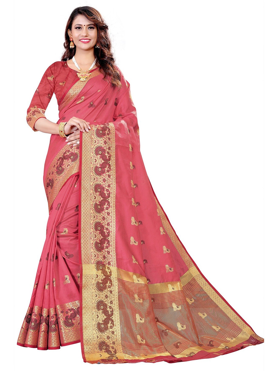 

Rivana Pink & Gold-Toned Woven Design Zari Art Silk Tussar Saree
