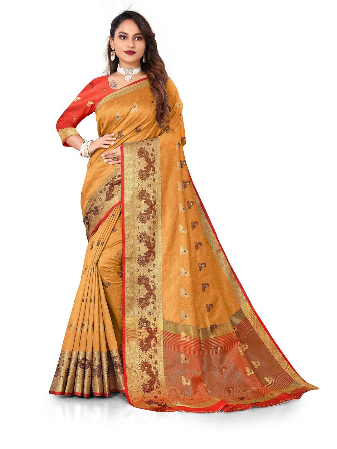 

Rivana Yellow & Red Woven Design Zari Art Silk Tussar Saree