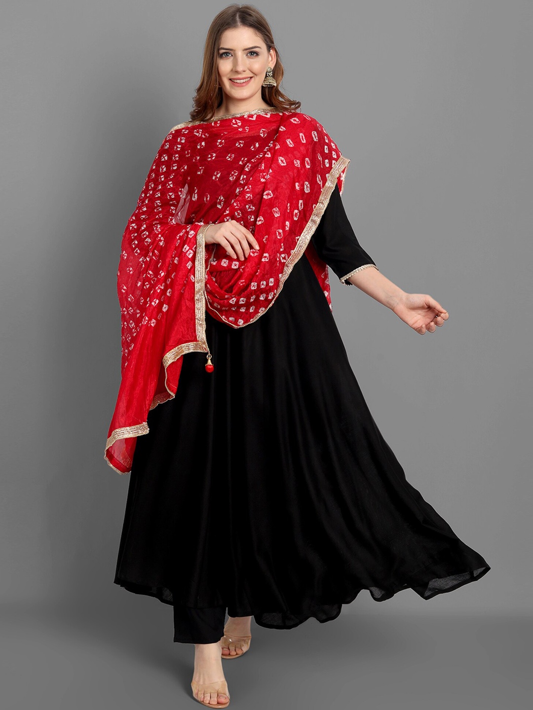

SINGNI Women Anarkali Kurta with Trousers & Dupatta, Black