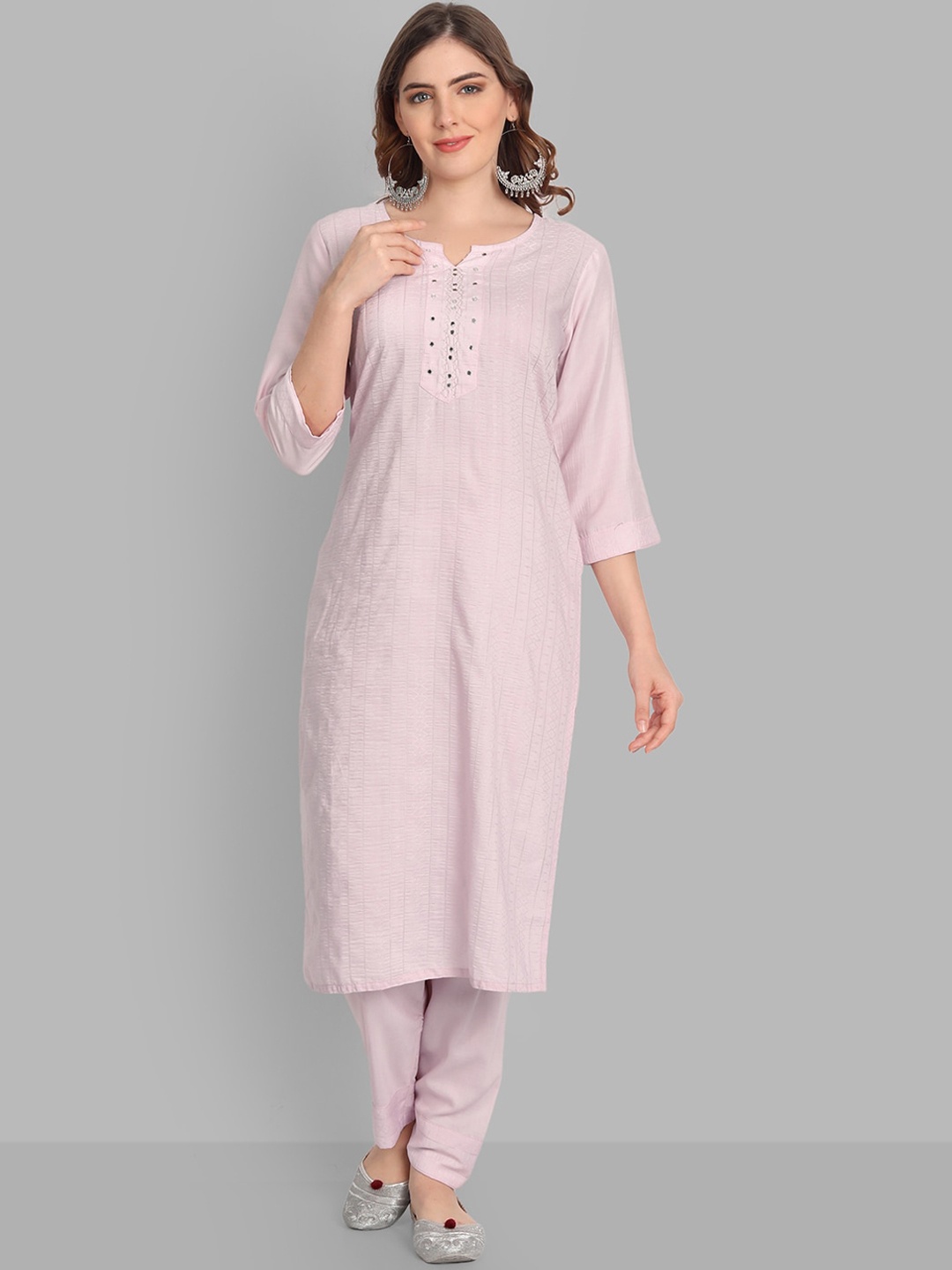 

SINGNI Women Ethnic Motifs Mirror Work Pure Silk Kurta with Trousers, Pink