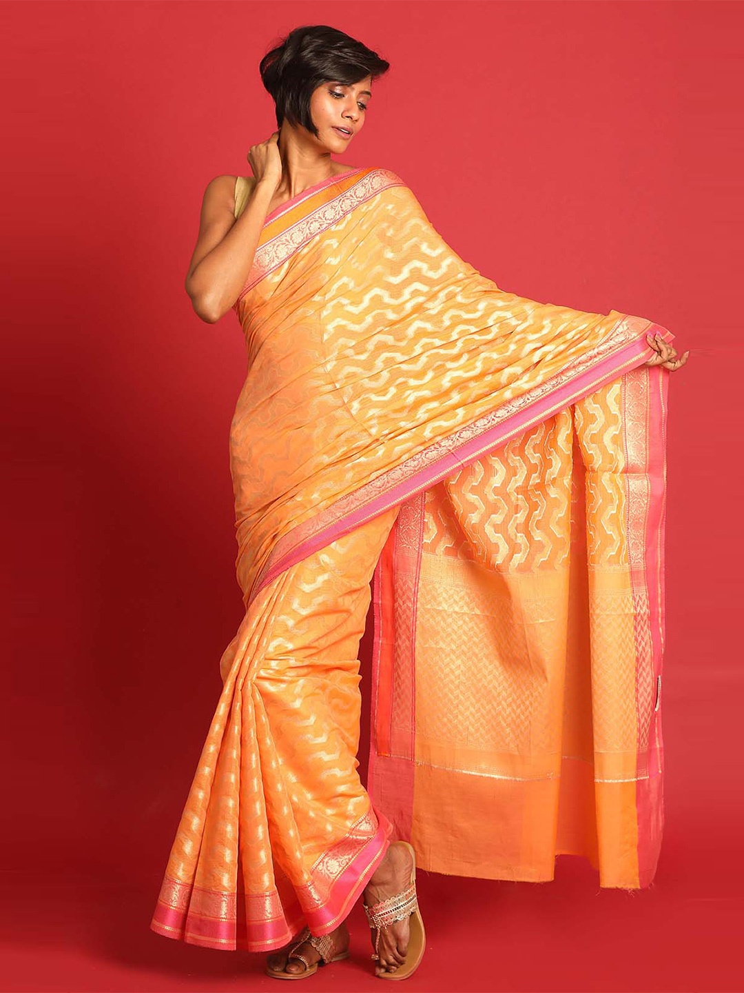 Indethnic Zari Banarasi Saree, Orange
