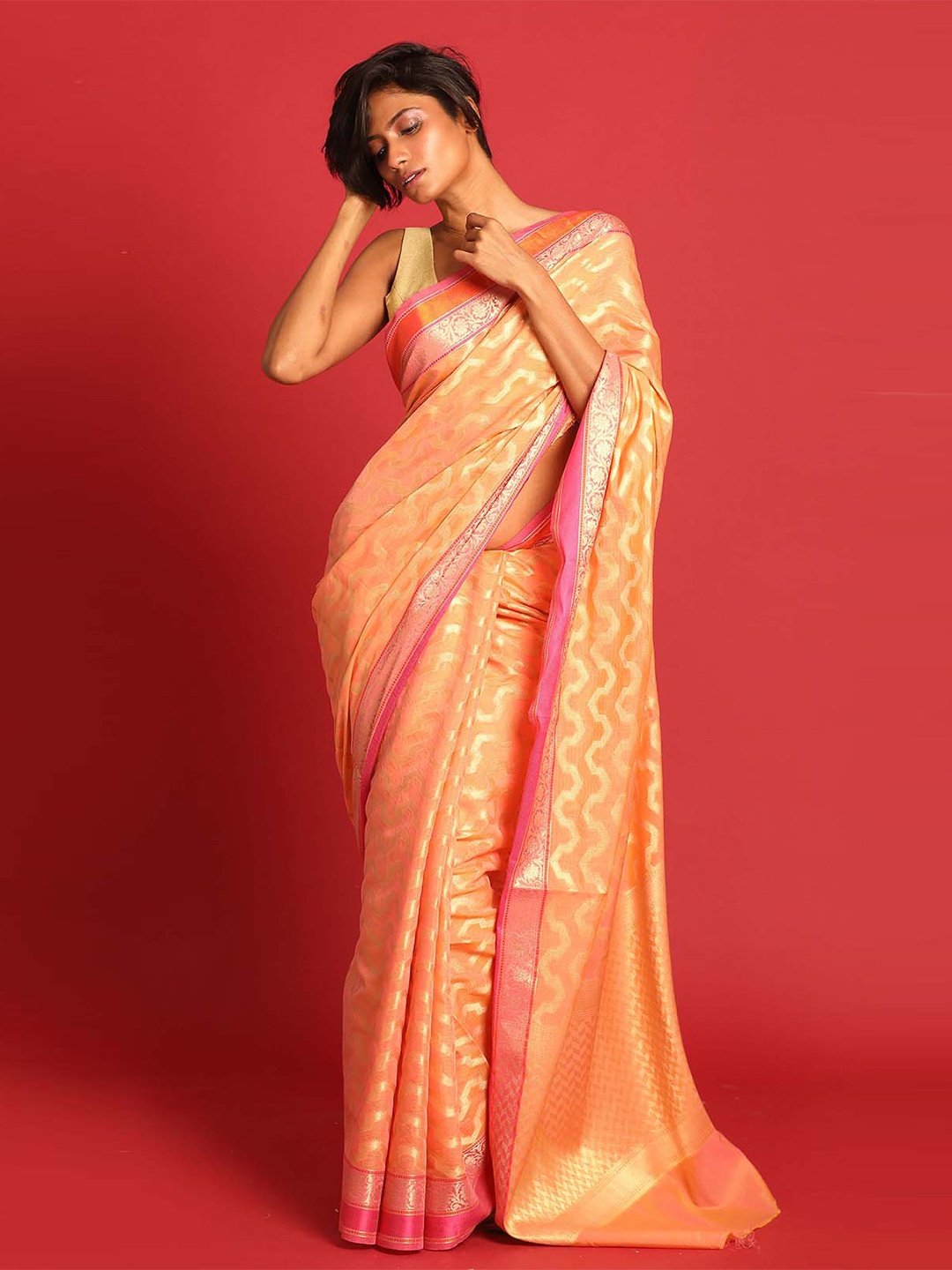 

Indethnic Zari Banarasi Saree, Coral