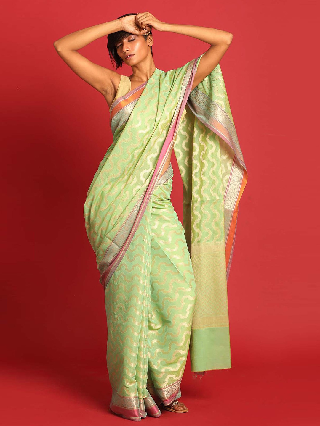

Indethnic Zari Banarasi Saree, Lime green