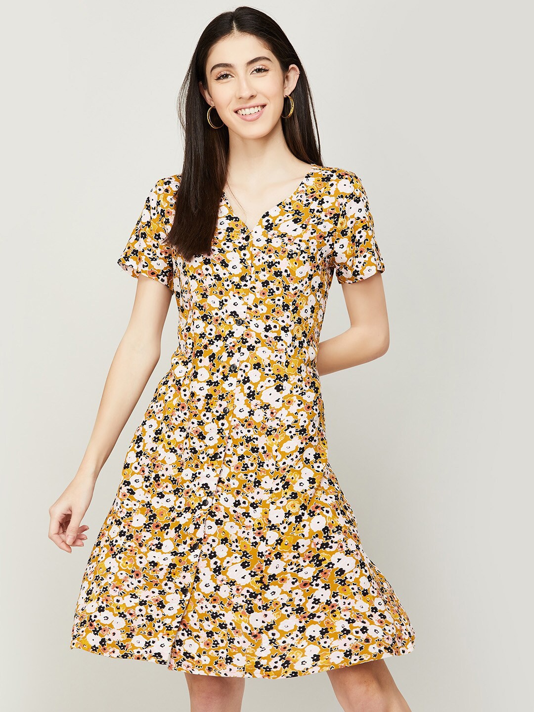 

Fame Forever by Lifestyle V-Neck Floral Printed Dress, Mustard