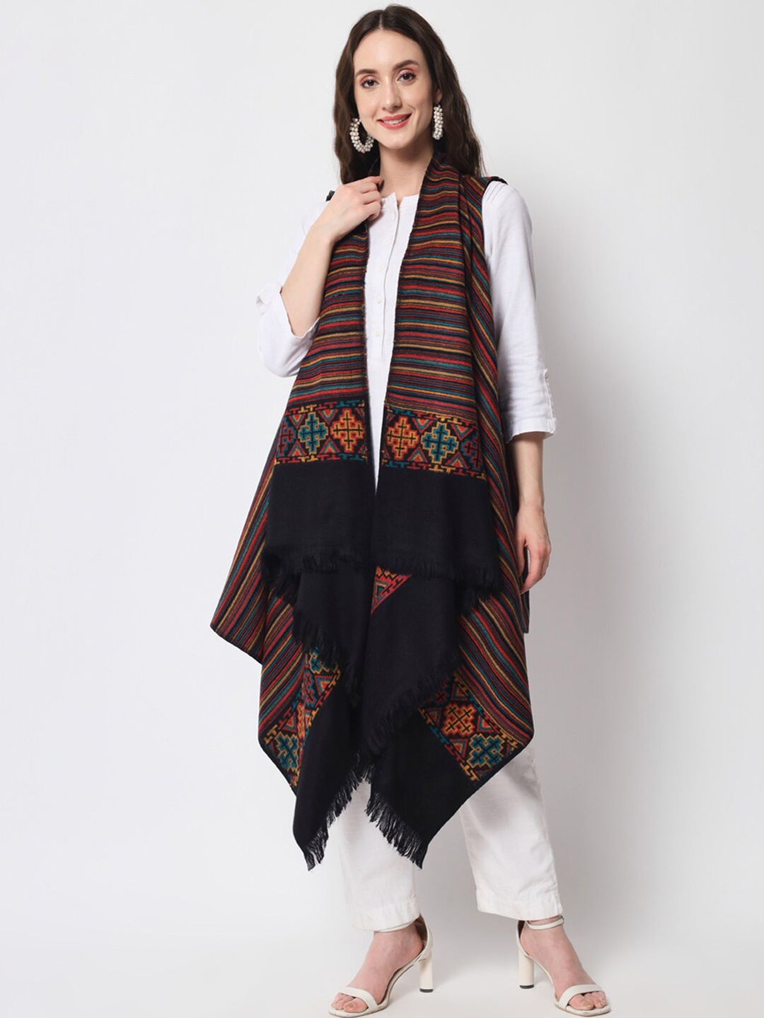 

Zamour Women Striped Longline Shrug, Black