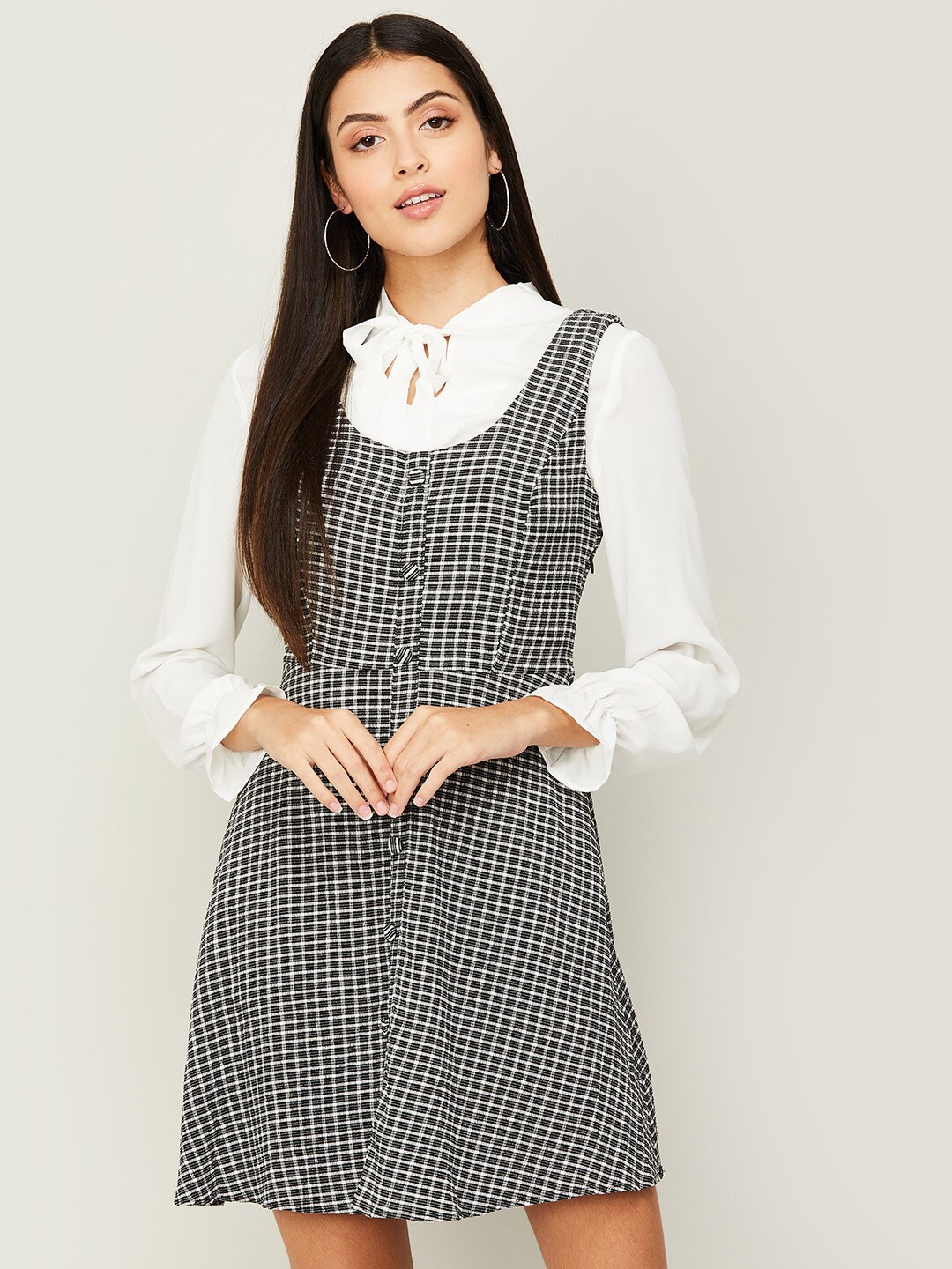 

Ginger by Lifestyle Checked Round Neck Pinafore Cotton Dress, White