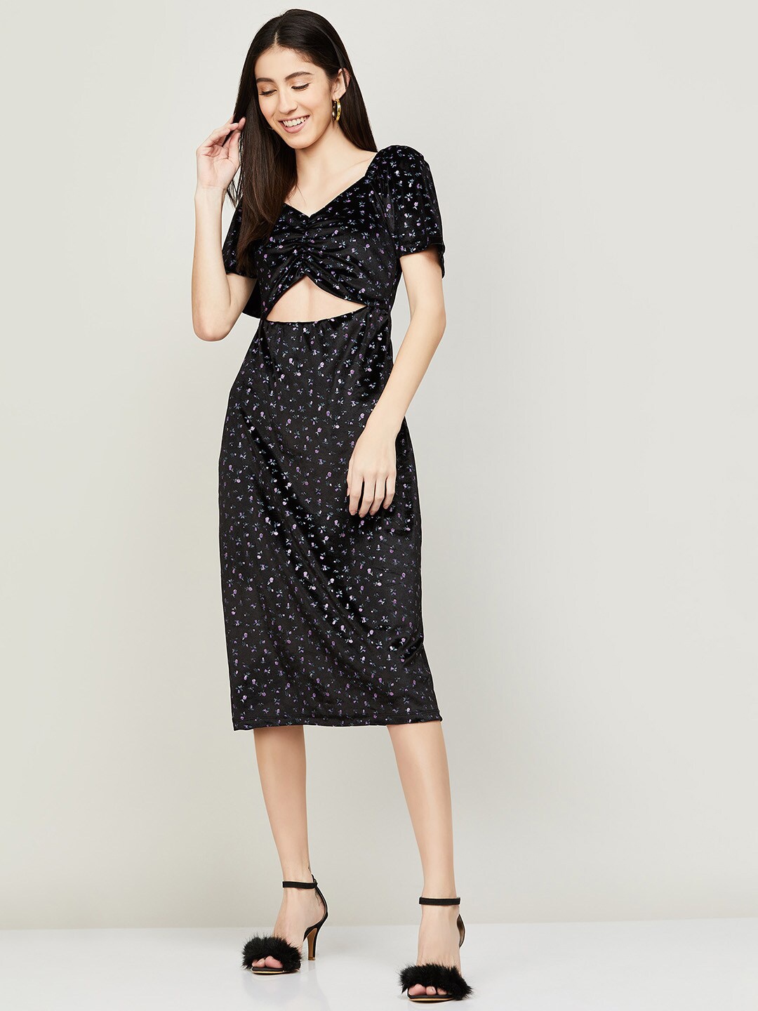 

Ginger by Lifestyle Floral Printed V-Neck Sheath Midi Dress, Black