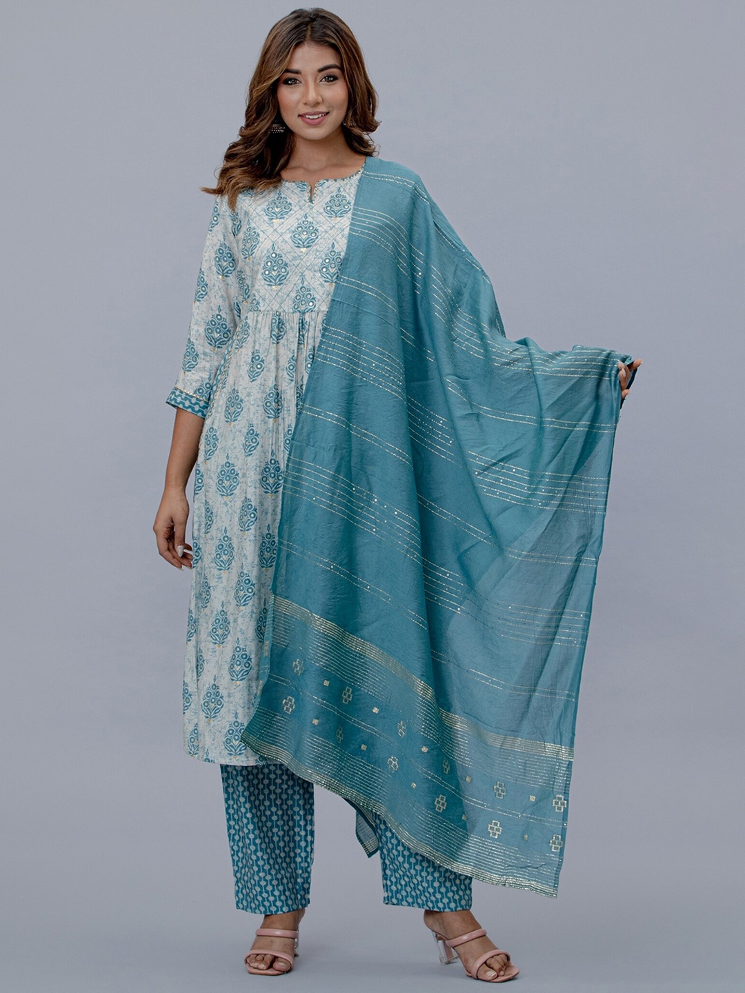 

EtnicaWear Women Ethnic Motifs Printed Pleated Kurta with Pyjamas & With Dupatta, Blue